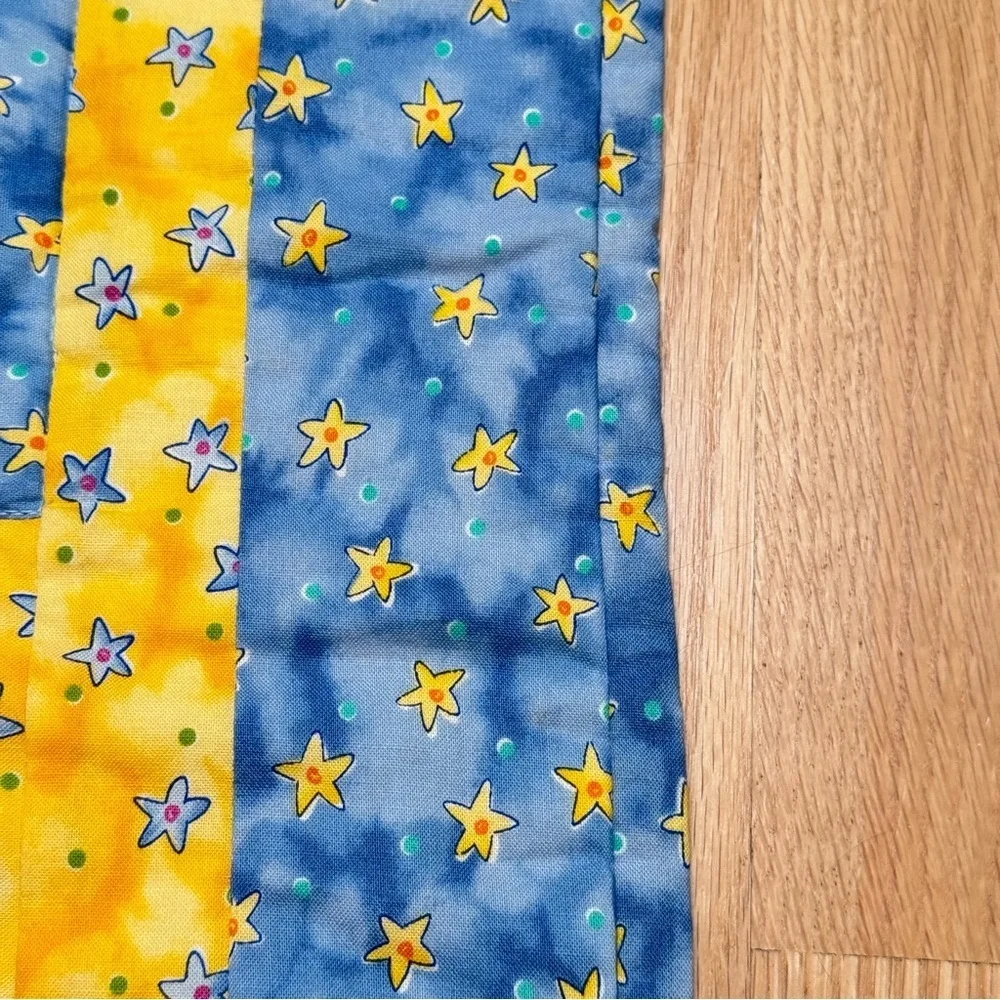 Handcrafted Patchwork Baby Quilt Star Pattern Two Sided Yellow & Blue Unisex
